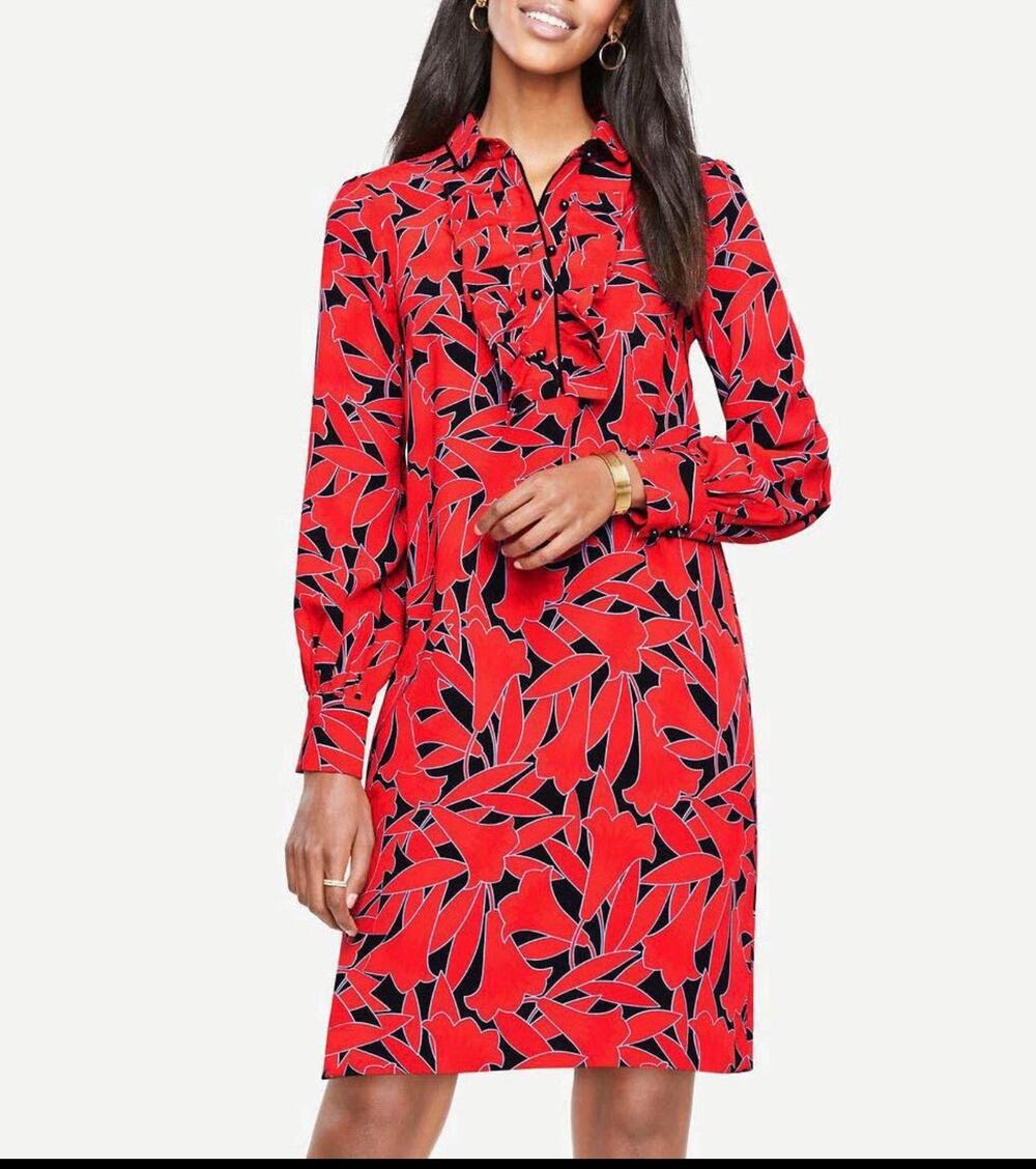 Ann Taylor Floral Ruffle Cuffed Shirtdress in Night Sky. Size small
